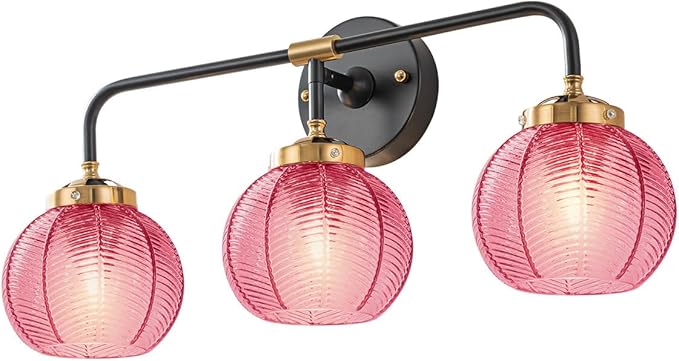 Glass Bathroom Vanity Light Red Ribbed Glass Wall Light Fixtures 3-Light 23.6 Inch Mid Century Bathroom Lights Fixture Globe Vanity Lamp Over Mirror Wall Sconce for Bedroom Hallway