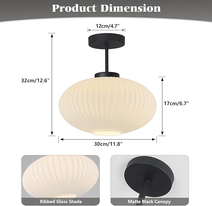 KCO Lighting Milk Glass Flush Mount Ceiling Light White Ribbed Glass Ceiling Light Fixture Large Globe Black Semi Flush Bathroom Overhead Light Fixtures
