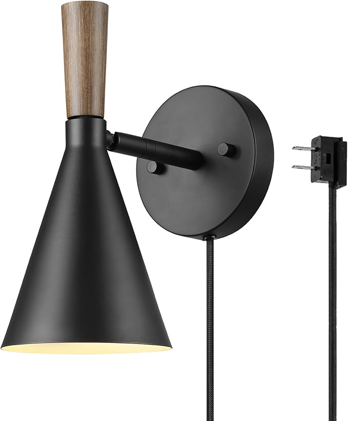 Globe Electric Plug-in or Hardwire Wall Sconce, Matte Black, Wood-Tone Switch, Metal Shade, 6-Foot Cord, 65000101