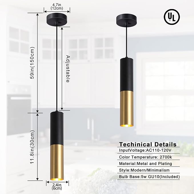 Modern Pendant Light Fixture Kitchen Island,1-Light Black Gold GU10 Hanging Light Cord Adjustable Cylinder Pendants Lamp for Livingroom Bedroom Diningroom 1-Pack
