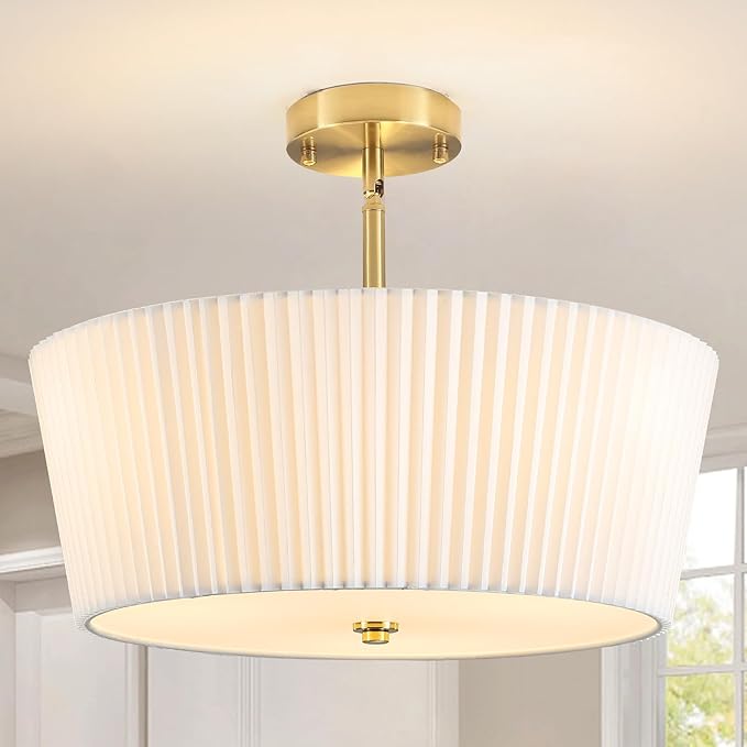 Gold Semi Flush Mount Ceiling Light, 3-Lights Modern Cone Drum Light Fixture with White Pleated Fabric Shade 17.71” Close to Ceiling Lights Fixture for Nursery Hallway Bedroom Living Room