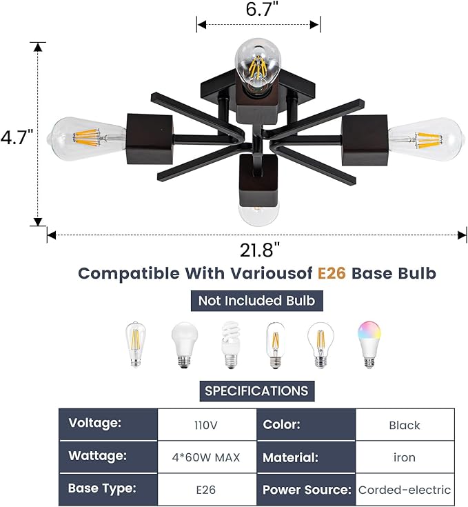4 Light Sputnik Light Fixture Black Flush Mount Lights Industrial Ceiling Light Wood 22" Modern Farmhouse Ceiling Lights for Kitchen Bedroom Bathroom Foyer Hallway(E26)
