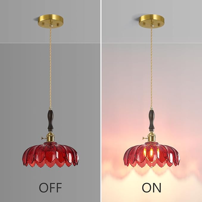Modern Red Glass Pendant Light Retro Flower Glass Hanging Lamp Gold Brass Decorative Adjustable Ceiling Hanging Light Suitable for Kitchen Island Bedroom Dining Room Living Room