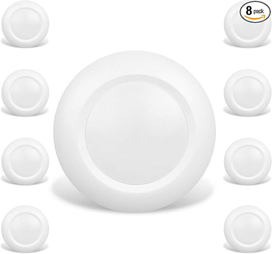 8 Pack 6 Inch LED Low Profile Recessed & Surface Mount Disk Light, Round, 15W, 900 Lumens, 4000K Cool White, CRI80, Driverless Design, Dimmable, ETL Listed, White