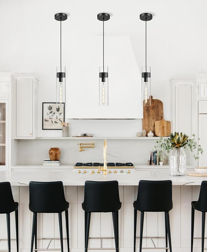 Black Pendant Lights Kitchen Island (Bulb Included), Adjustable Modern Glass Pendant Light Over Island, Industrial Pendant Light Fixtures for Dining Room Hallway Bedroom Living Room