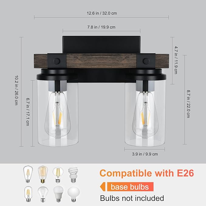 Farmhouse Bathroom Light Fixture Wood Black Vanity Lighting 2-Light Wooden Wall Sconce Industrial Rustic Wall Light Fixtures Over Mirror with Clear Glass Shade for Bathroom Hallway Kitchen Bedroom