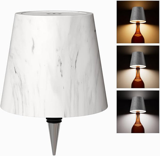 Wireless Bottle Lamp, Wireless Bottle Lamp Shade with 3 Color Temperature, Rechargeable Stepless Dimming LED Wine Bottle Lights for Any Bottle, Desk Lamp for Bedroom Restaurant Bar (Marble Color)