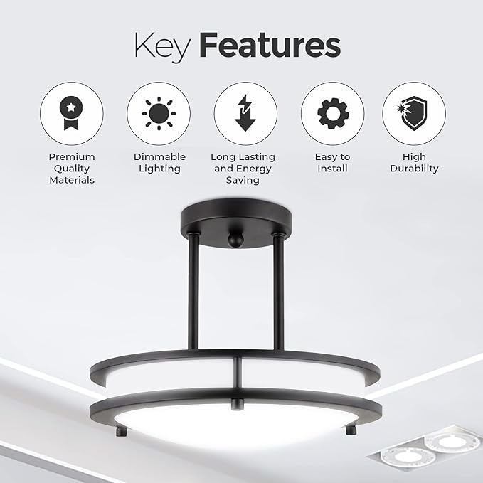 Diodesy- Semi Flush Mount Ceiling Double Ring Light Fixture 12 Inch 15W 3000K/4000K/5000K Color Selectable 1050 Lumens LED Pendant Dual Band Trim Oil Rubbed Bronze Finish for Kitchen Bedroom Hallway