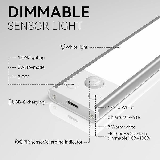 Under Cabinet Lighting, 3 Color Magnetic Motion Activated Under Cabinet Lights, Rechargeable Closet Lights 1800mAh Battery Operated, Wireless Dimmable Under Counter Lights for Kitchen,Hallway 4 Pack
