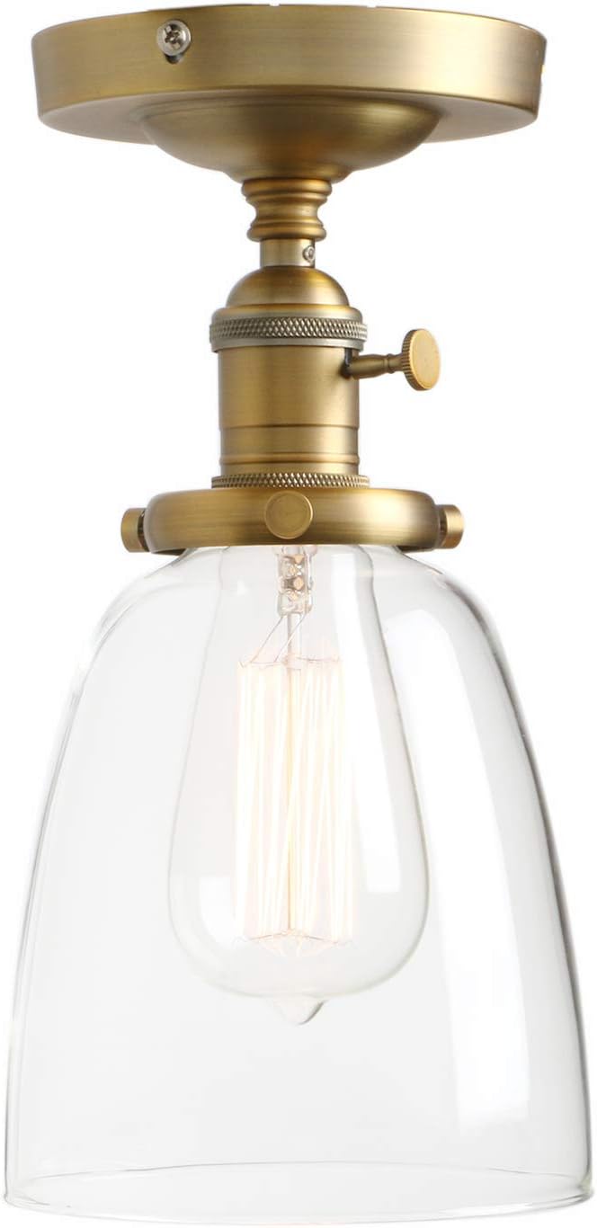 PERMO Modern Small Semi Flush Mount Ceiling Pendant Light Glass Ceiling Lights Hallway Fixtures with Flate Ribbed Glass Lampshade, 1-Light (Antique, 292)