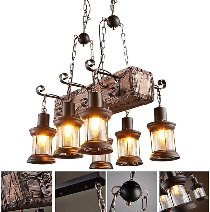 Wood Retro Vintage Pendant Lamp Industrial Metal Hanging Lamp Height Adjustable E27 6-Lights Retro Pendant Lamp Hanging Lamp Black for Kitchen Coffee Shop Dining Living Room Loft Rustic Ceiling
