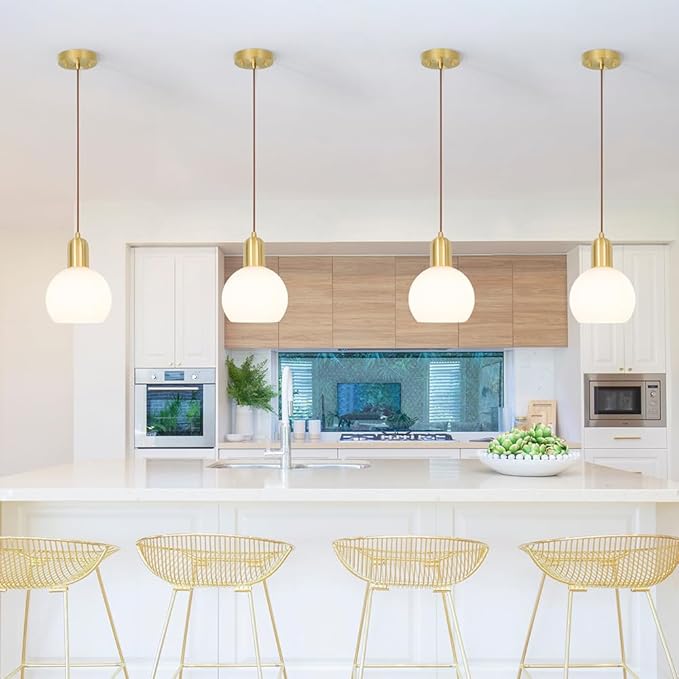 Mid Century Pendant Light with White Striped Glass, Ribbed Pendant Lighting, Brass Gold Kitchen Island Light, Globe Pendant Light Fixture, Adjustable Hanging Light for Barthroom Dining Room Hallway