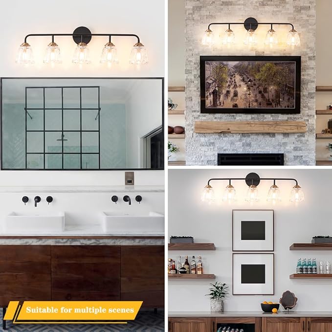 Daunton Vintage Vanity Lighting for Bathroom, Black and Gold Bathroom Vanity Light Fixtures with Clear Glass Shade, Elegant 5-Light Lighting Fixtures Over Mirror, Wall Sconce Lighting for Bedroom