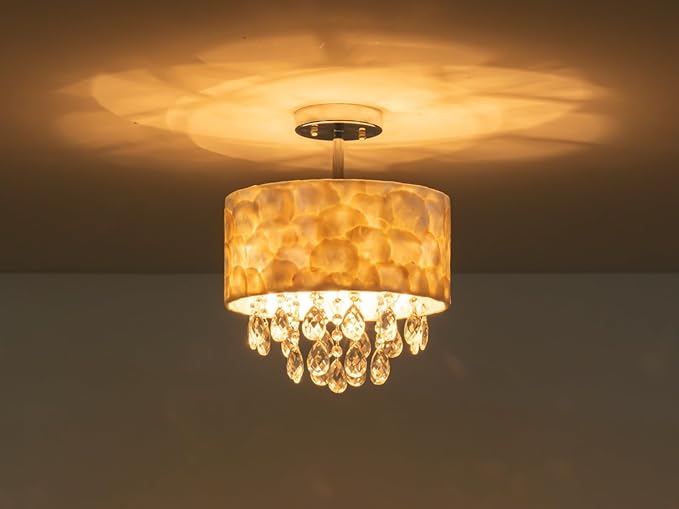 3-Light Capiz Shell Crystal Ceiling Light, Coastal Design Semi-Flushmount Drum Light Fixture for Hallway, Living Room, Bedroom, Clear Crystal & Shell Lampshade & Chrome Finish Frame