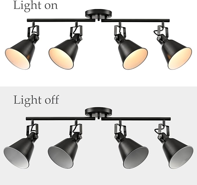 DIRYZON 4-Light Industrial Matte Black Adjustable Round Track Lighting, Semi Flush Mount Ceiling Light with Multi-Directional Heads for Kitchen, Living Room, Bedroom, Hallway, Dimmable
