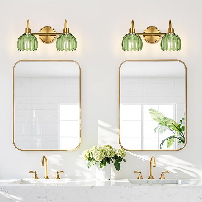 2-Light Bathroom Vanity Light, Brushed Gold Vanity Wall Light Over Mirror with Ribbed Green Tulip Glass Shade, Bathroom Light Fixtures for Bedroom, Living Room, Hallway