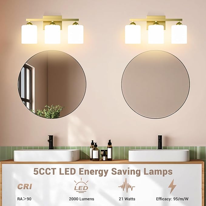 Quntis Gold Bathroom Light Fixtures Over Mirror 5 Colors Adjustable, 3-Light LED Bathroom Vanity Lighting with Milky White Frosted Glass Shade, Energy-Saving LED Vanity Light 18.9 inch