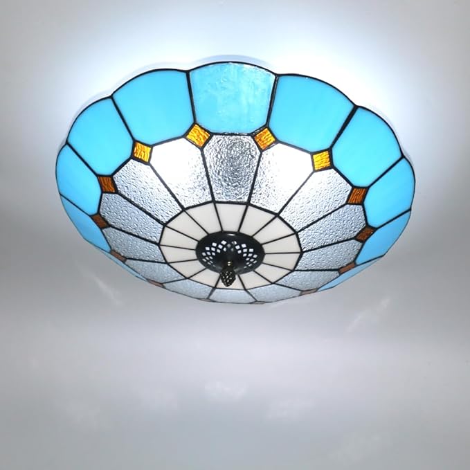 Tiffany Style Ceiling Light 16 Inch 3-Lights Stained Glass Flush Mount Ceiling Light for Bedroom Dining Room Living Room
