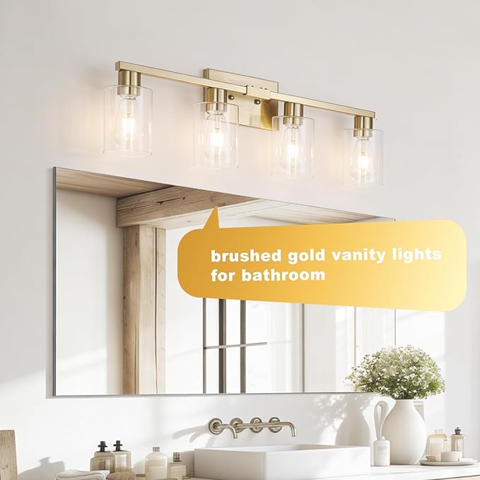 4-Light Bathroom Vanity Light, Modern Brushed Gold Wall Lights with Clear Glass Shades, Bathroom Wall Sconce Lamp for Mirror Living Room Bedroom Hallway