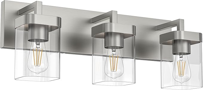 3-Light Bathroom Light Fixtures, Brushed Nickel Vanity Lights for Bathroom, Kitchen, Living Room, Modern Bathroom Vanity Lights with Clear Glass Shades