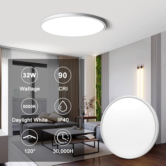 LEDLightsWorld 15.7inch 32W LED Flush Mount Ceiling Light, 5000K LED Ceiling Light, 3800LM, Super Bright Round Flat Modern Lighting Fixture for Bedroom, Living Room, Dining Room