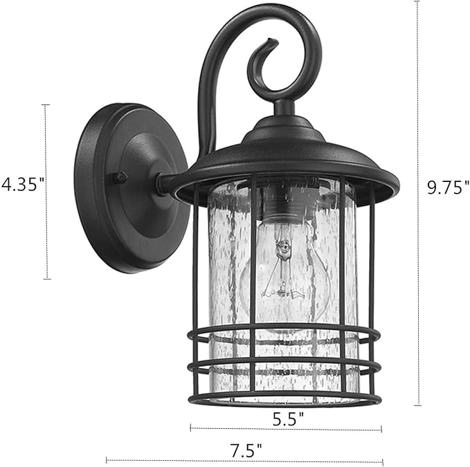 MICSIU 2-Pack 5.5" Wide Compact Outdoor Wall Light, 10" Anti-Rust Textured Black Exterior Lantern for Garage Pillar & Side Door, Narrow Porch Light with Seedy Glass, ETL Listed