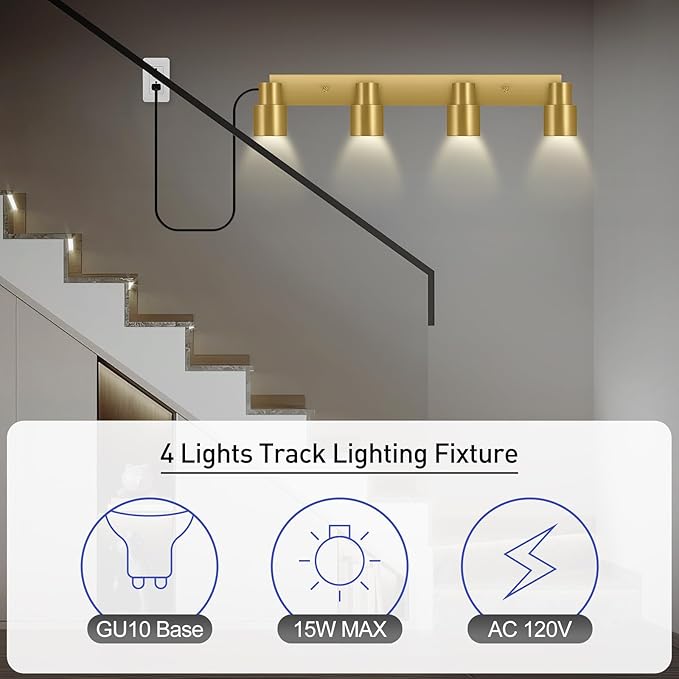 Plug in Track Lighting, 23" LED Track Light Fixtures Ceiling, Gold 4 Way Spotlight, Rotatable Light Head, Plug in Ceiling Light with Power Cord, Plug Wall Light for Kitchen Hallway Bar(GU10, NO Bulb)