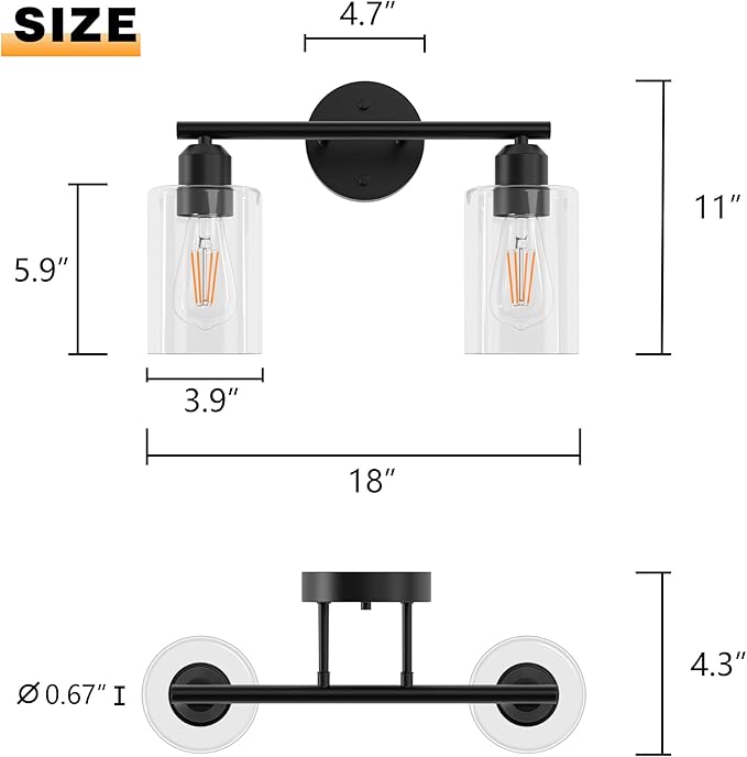 Espird Bathroom Vanity Light Black 2 Light Rustic Bathroom Vanity Lights Over Mirror, UL Listed Modern Industrial Wall Sconces Lamp with Cylinder Glass Shade, Light Fixture for Bathroom E26 Socket