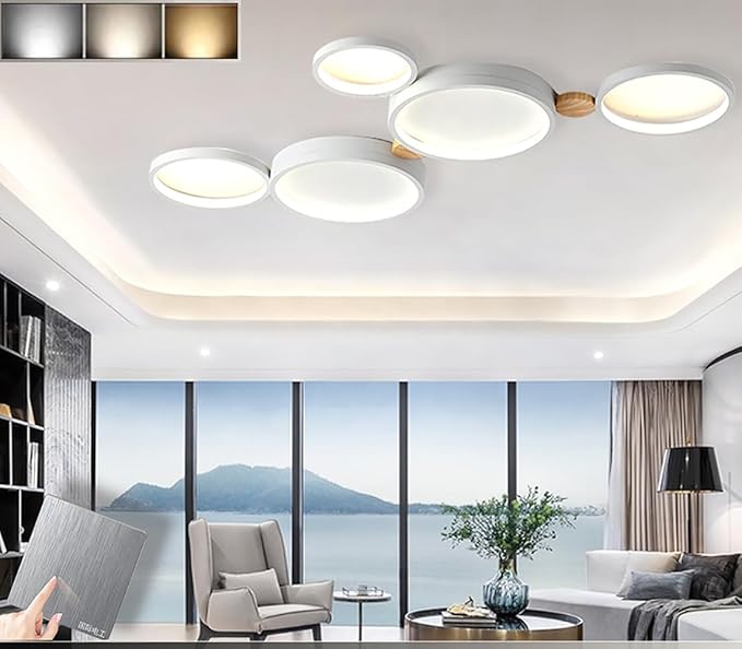 5-Lights LED Ceiling Light Fixture,Modern 34 Inch Ceiling Lights Flush Mount Wooden 35W Dimmable Chandelier for Living Room Bedroom Kitchen,3000K/4000K/6000K Temperatures Selectable White