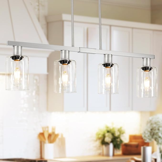 Brushed Nickel 4-Light Kitchen Island Lighting, Adjustable Island Lights for Kitchen with Clear Glass Shades - Kitchen Pendant Lighting over Sink, Farmhouse Chandelier for Dining Tables & Bars