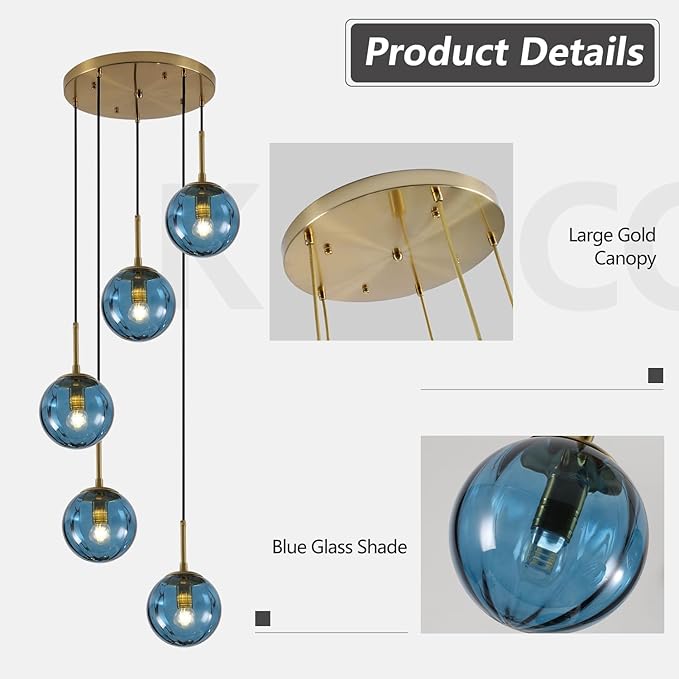 KCO Lighting Nordic Blue Glass Pendant Light 5-Light Globe Cluster Pendant Lighting Brushed Gold Kitchen Island Pendant Lights Modern Farmhouse Multi Pendant Hanging Light Fixture