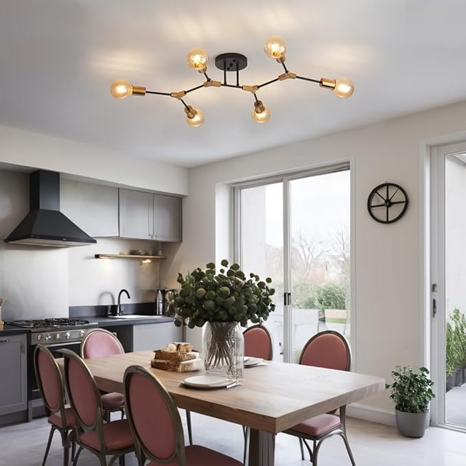 Modern Gold and Black Sputnik Semi Flush Mount Ceiling Light Fixture for Dining Room Living Room Bedroom Kitchen Closet Hallway Aisle, Mid Century Metal 6 Light Chandelier