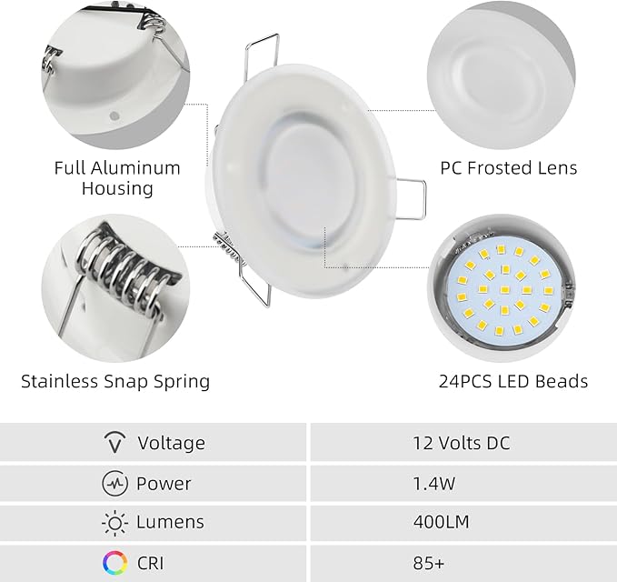 RV Recessed Ceiling Light, 3Inch RV Puck Light 12V, 400LM RV Light Interior, Camper Light Fixture for RV Motorhome Caravan Trailer Boat
