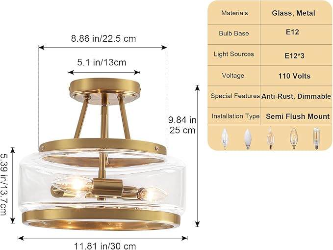 11.8" Gold Semi Flush Mount Ceiling Light, Small Ceiling Lighting Modern Clear Glass Flush Mount Drum Light Fixture for Dining Room Foyer Entryway Bedroom Kitchen Bathroom 3-Light