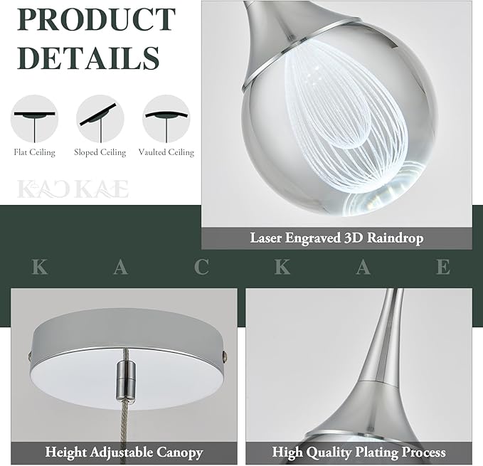 LED Pendant Light Kitchen Island Raindrop Crystal Pendant Lights Dimmable Chrome Modern Hanging Light for Bedroom Bathroom Living Room 6000K Cool White, 1 Pack