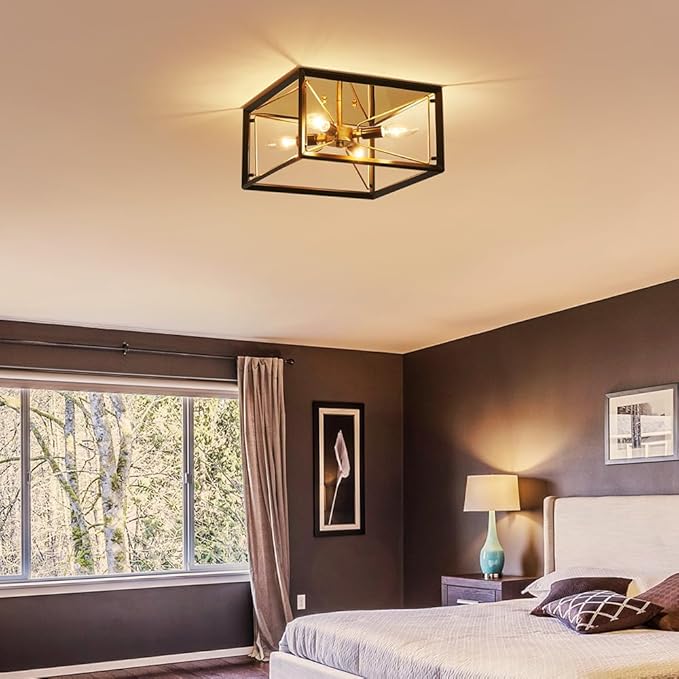 AGV LIGHTING CL047BB Modern Ceiling Light, Semi-Flushmount Close to Ceiling Light Fixture, Perfect for Living Space, D13 x H5, 4 x E12 Socket, Rustic Brass & Matte Black Finish