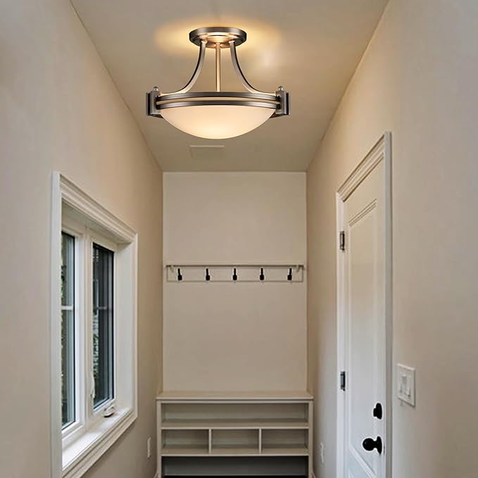 Brushed Nickel Semi Flush Mount Ceiling Light 12-Inch 2-Light Modern Milk Glass Light Fixture Flush Mount for Bedroom Hallway Staircase