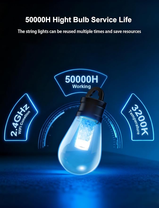 APPECK Outdoor String Lights, 150ft Smart RGBW Patio Lights Outside with 45 LED Bulbs, Extendable, 111 Scene Modes, IP65 Waterproof Lighting for Backyard, Dimmable Warm White, Compatible with Alexa