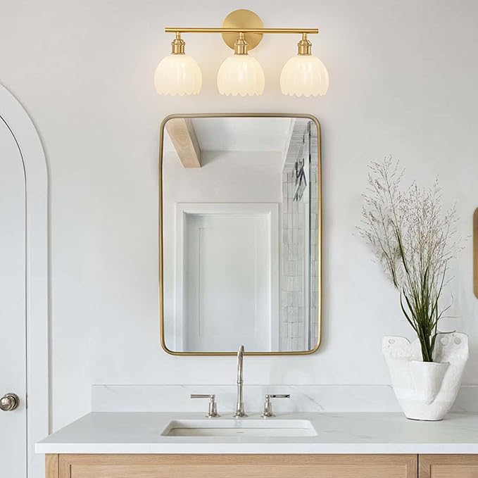 Gold Bathroom Light Fixtures Over Mirror, 3 Light Bathroom Vanity Light Fixture with Tulip Milk White Glass Lampshade, Vintage Vanity Lights for Bathroom, Bathroom Vanity Lights Over Mirror