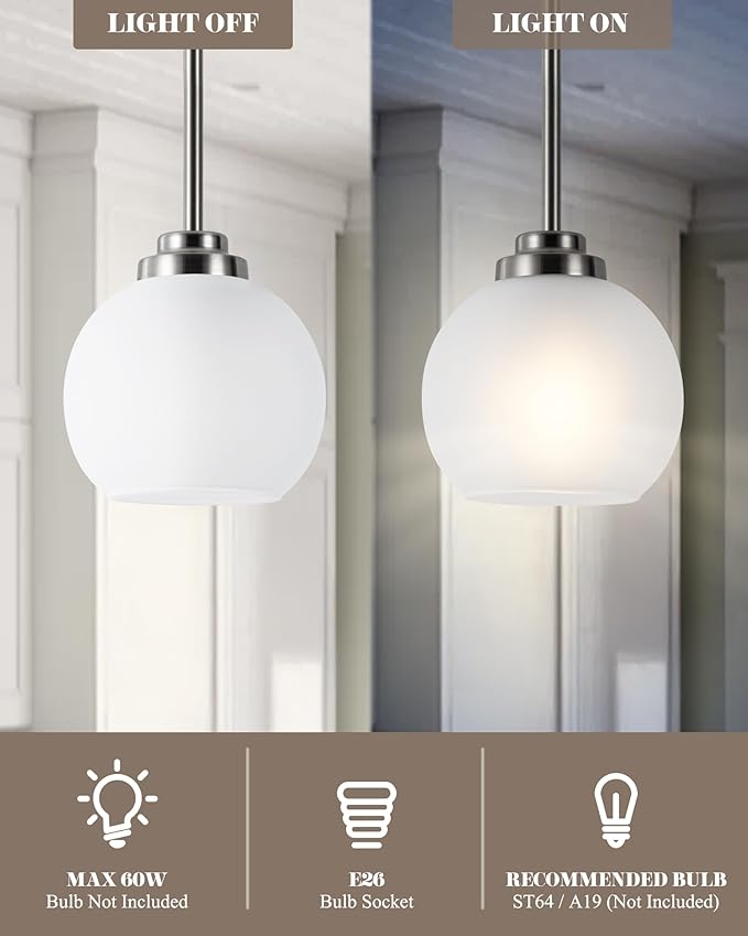 2 Pack Globe Pendant Light Fixtures, Brushed Nickel Hanging Ceiling Lights with White Frosted Glass Shades, Adjustable House Indoor Light for Kitchen Island