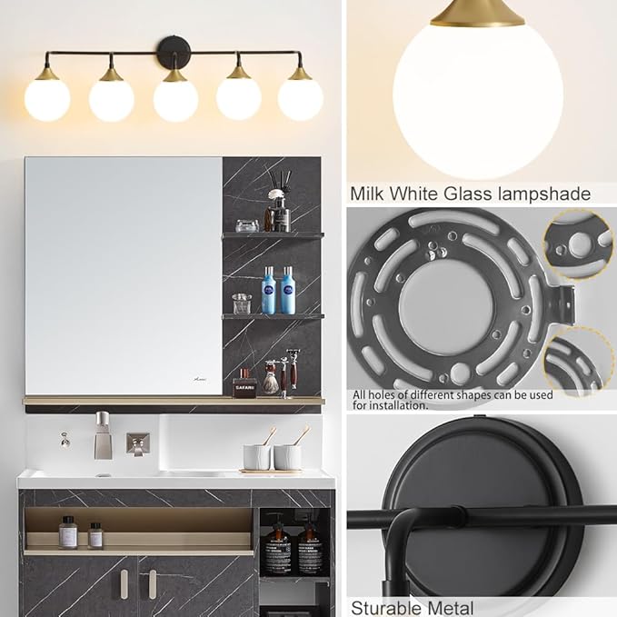 Black Gold Bathroom Light Fixtures, Modern Vanity Lighting Over Mirror, Mid Century Brushed Brass Wall Sconce 5-Light with Milky White Glass Ball Shades