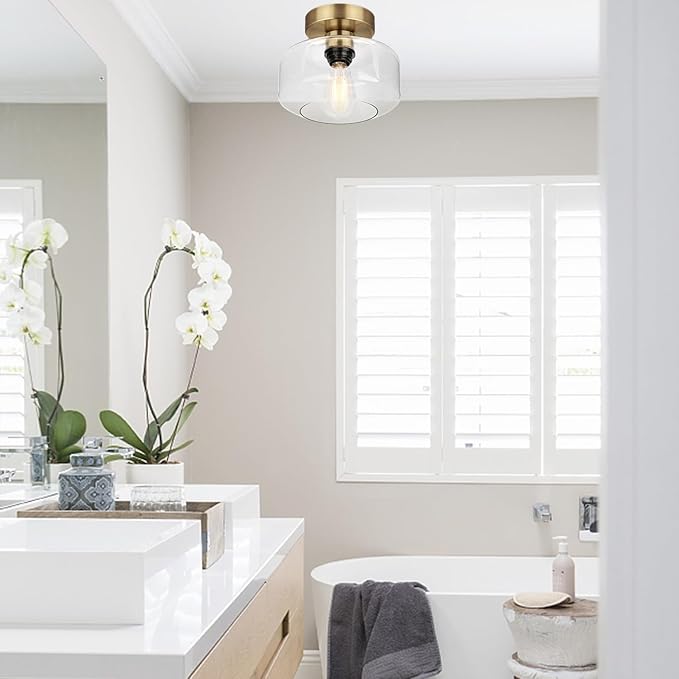 Lynnoland Industrial Semi Flush Mount Ceiling Light Brass, 800 Lumen LED Bulb Included, Clear Glass Shade Ceiling Light Fixture, Light Fixture for Hallway Bathroom Bedroom, Vintage Hanging Lighting