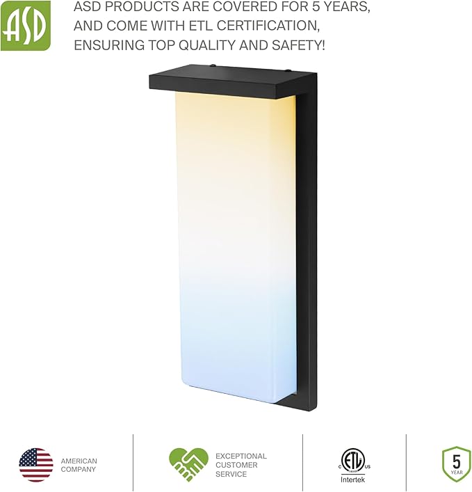 ASD LED 14" Outdoor Wall Light, Dusk to Dawn Front Door House Sconce | 3CCT, Photocell, Waterproof, ETL Listed | 20W 1900LM 3000-5000K 120V | Exterior Patio Lighting Fixture, Porch Lamp | Black