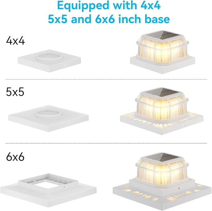 Solar Post Light 4 Packs with 4x4, 5x5 and 6x6 Inches Base for Vinyl/Wooden Posts, Bright 16 LEDs Solar Cap Lights with Two Light Modes for Decorating Deck, Patio, Porch, Fence (White)