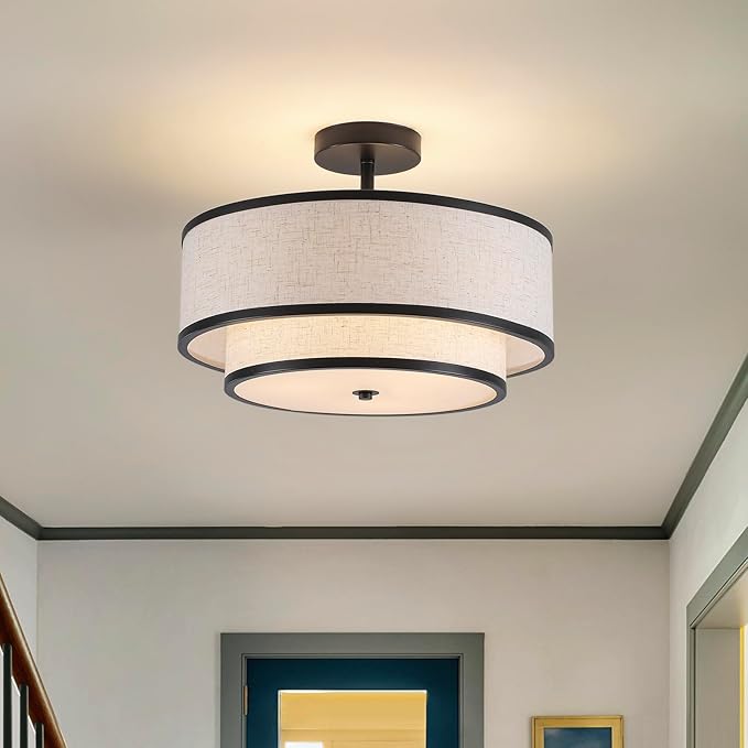 Farmhouse Close to Ceiling Light, 3-Light Flush Mount Ceiling Light Fixture with 2-Layer Fabric Shade, Modern Drum Ceiling Lamp for Hallway Bedroom Living Room (Black)
