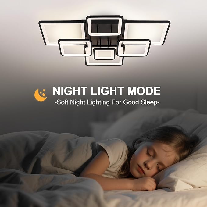 Modern LED Ceiling Light 35.04" Dimmable Black Flush Mount Ceiling Light with Remote 7 Rings 90W 3000K-6500K Ceiling Lamp for Living Room,Bedroom,Kitchen