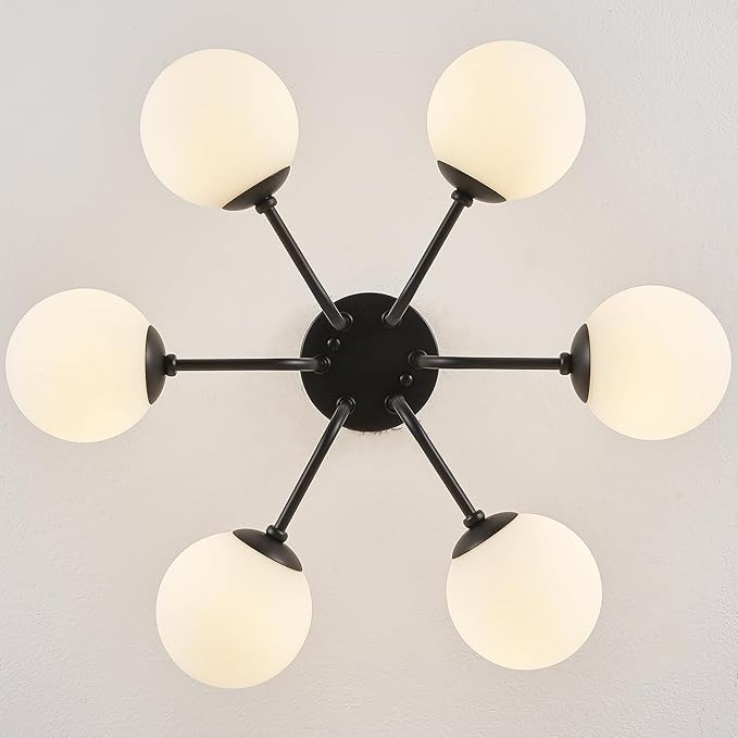 Modern Semi Flush Mount Ceiling Light,Black White Glass Shade Semi Ceiling Light 6-Light,Sputnik Chandeliers for Bedroom Living Room Hallway Dining Room Lighting Fixture