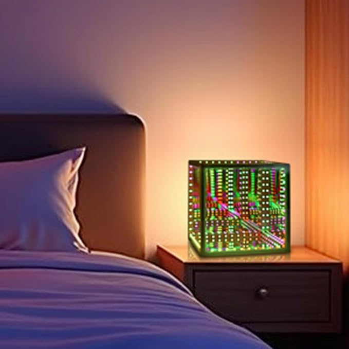 Infinity Mirror Hyper Cube Table Lamp, Desk Art Night Light, Color-Changing Music-Sync APP-Controlled Ambient Light for Gaming, Party, Home, Gift (8.2 Inches)