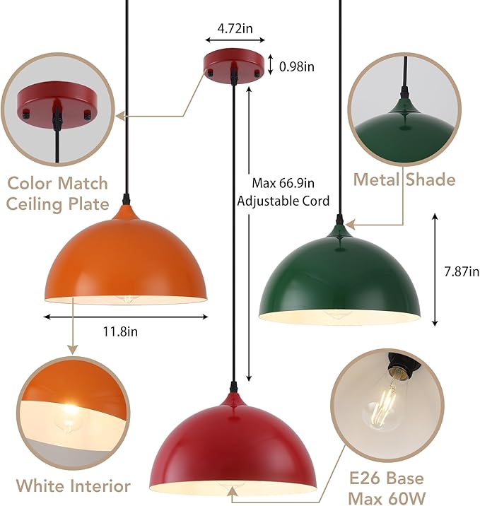 Colorful Pendant Lights, 11.8" Dome Pendant Light 3 Pack, Modern Light Fixtures for Kitchen Island, Adjustable Height Pendant Lighting for Dining Room, Bedroom, Living Room, Hallway, Bar