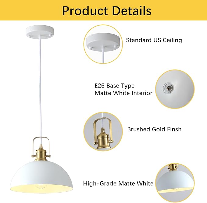 Pendant Lights Kitchen Island 3 Pack, White and Gold Dome Pendant Lighting, Ceiling Hanging Light for Kitchen Living Dining Room Restaurant Hallway Entrance